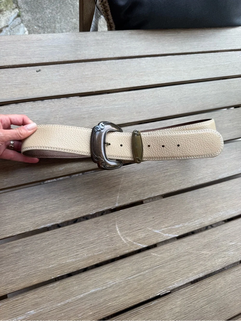 Vintage 1987 Liz Claiborne Cream Brown Statement Belt Oversized Buckle